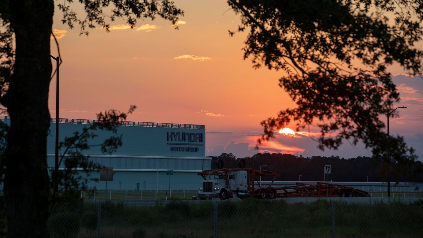 The sun sets behind the Hyundai Motor Group Metaplant America in Ellabell, Georgia, on Friday.