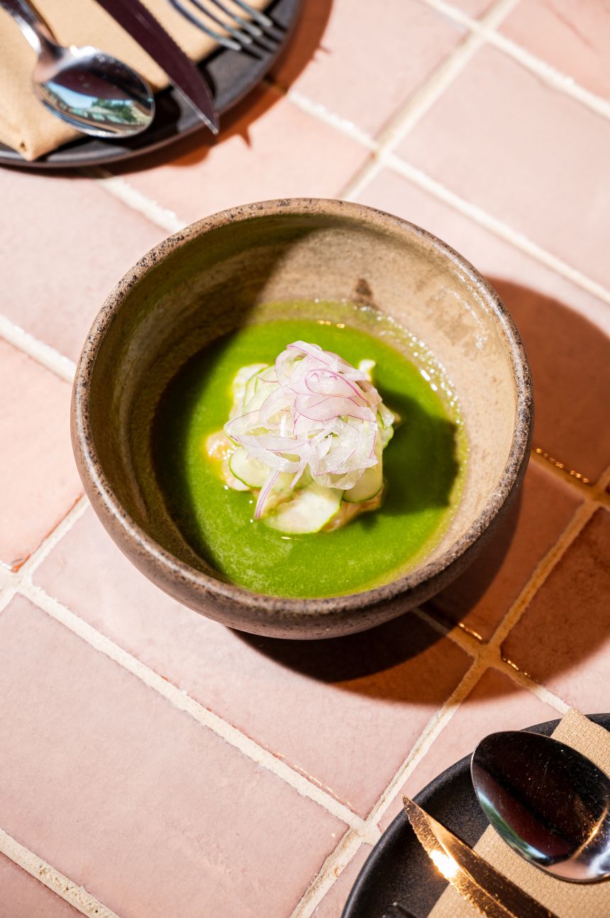 Aguachile Verde at Acayama includes Gulf shrimp, cucumber, tomatillo, and serrano.