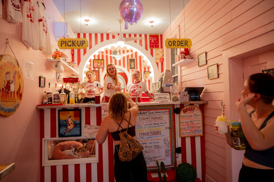 Customers purchase frozen treats at the SnoBall shop.