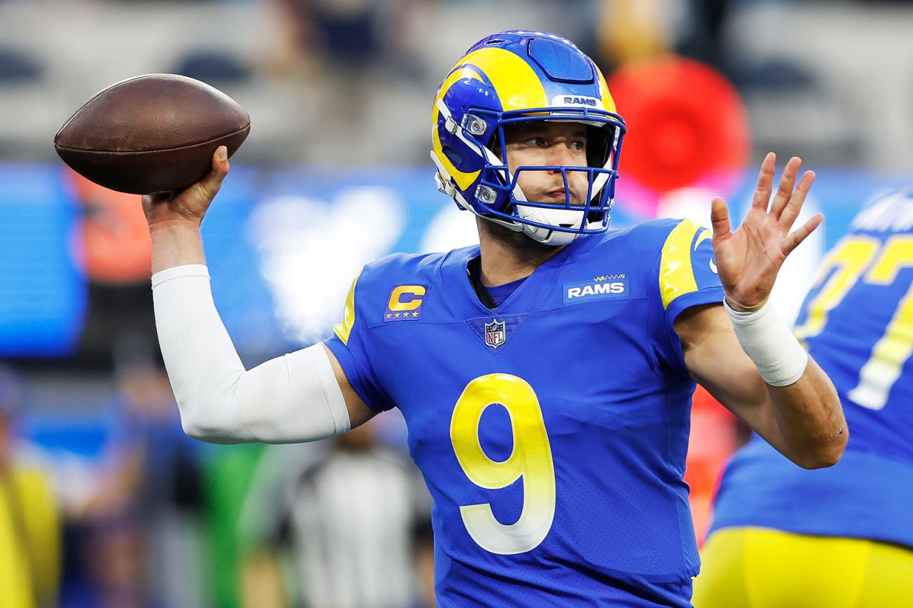 Matthew Stafford of the Los Angeles Rams passes the ball in the NFC Championship Game against the San Francisco 49ers at SoFi Stadium on January 30, in Inglewood, California.