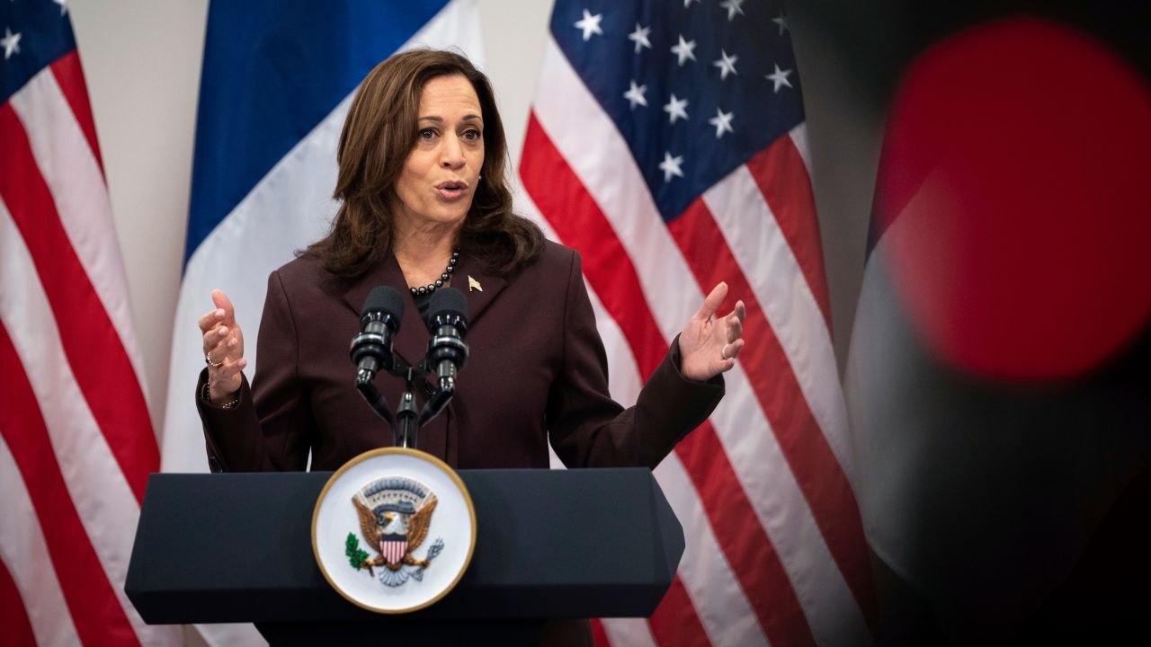 Vice President Kamala Harris briefs reporters in Paris, on Friday, November 12. 