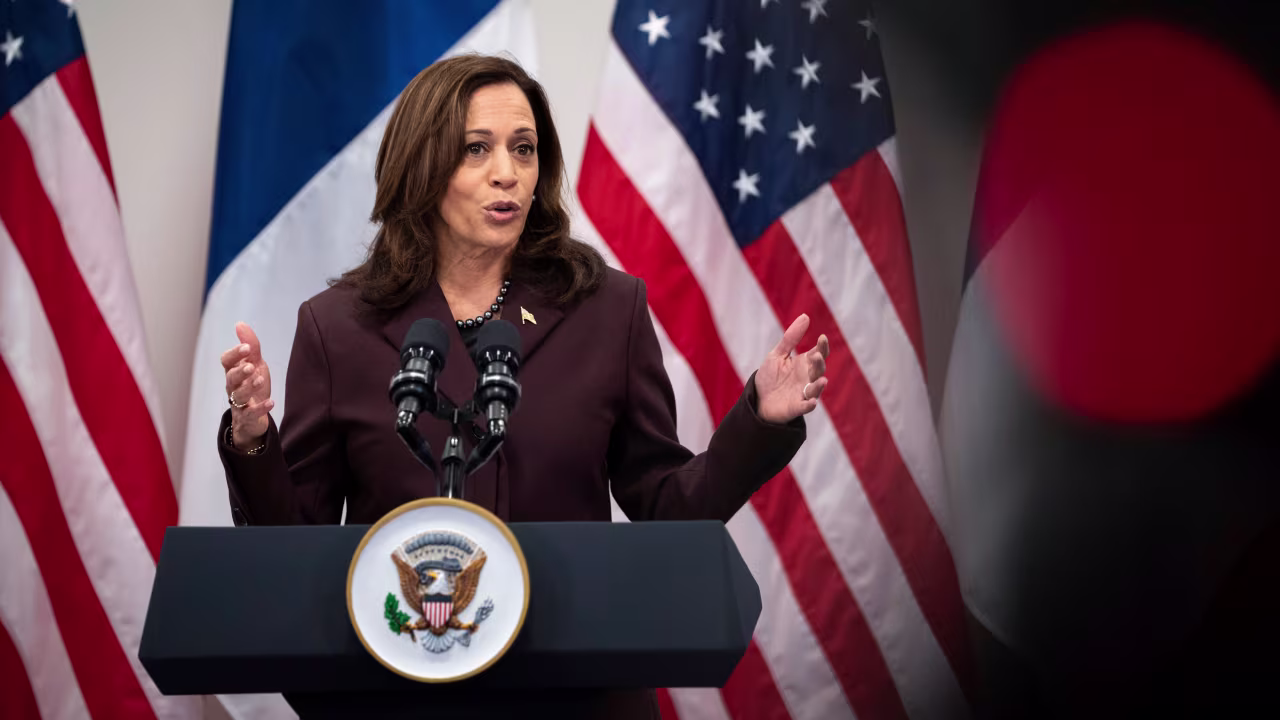 Vice President Kamala Harris briefs reporters in Paris, on Friday, November 12. 