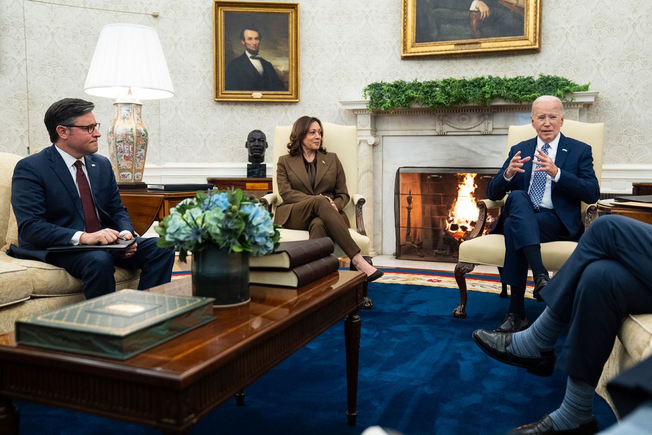 President Joe Biden speaks during a meeting with congressional leaders in the Oval Office of the White House on Tuesday in Washington, DC.