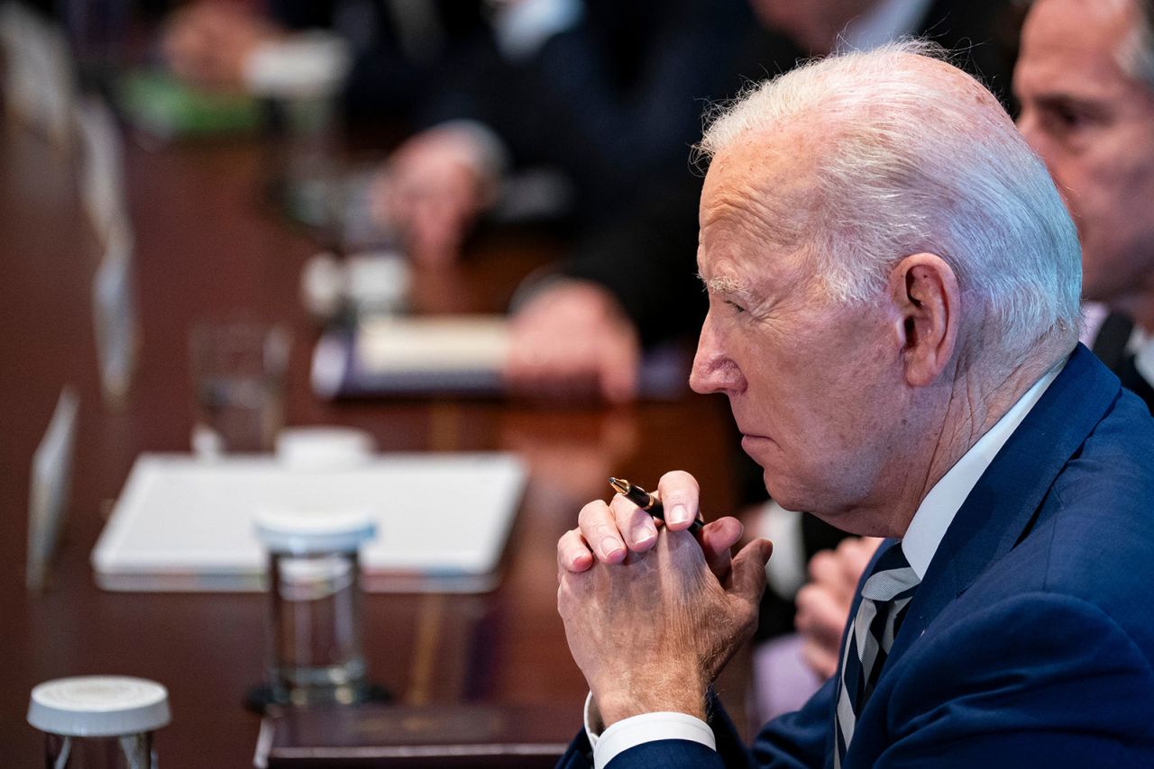 US President Joe Biden listens during a meeting in the Cabinet Room of the White House on Friday, October 20.