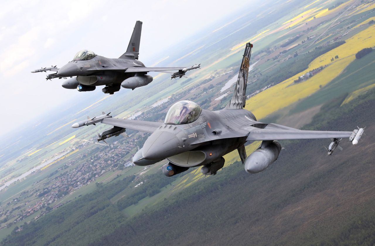 Portuguese Air Force F-16 military fighter jets participate in NATO's Baltic Air Policing Mission in Lithuanian airspace near Siauliai, on May 23.