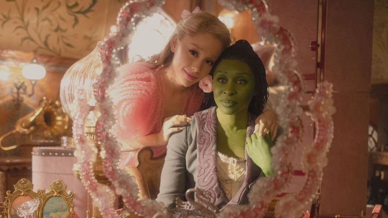 Ariana Grande (left) and Cynthia Erivo (right) in a scene from "Wicked," a 2024 movie shot in the United Kingdom.