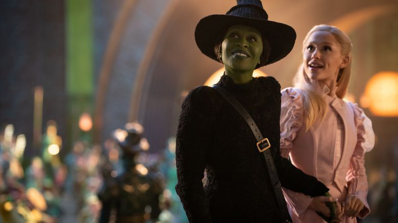 L to R: Cynthia Erivo is Elphaba and Ariana Grande is Glinda in WICKED, directed by Jon M. Chu