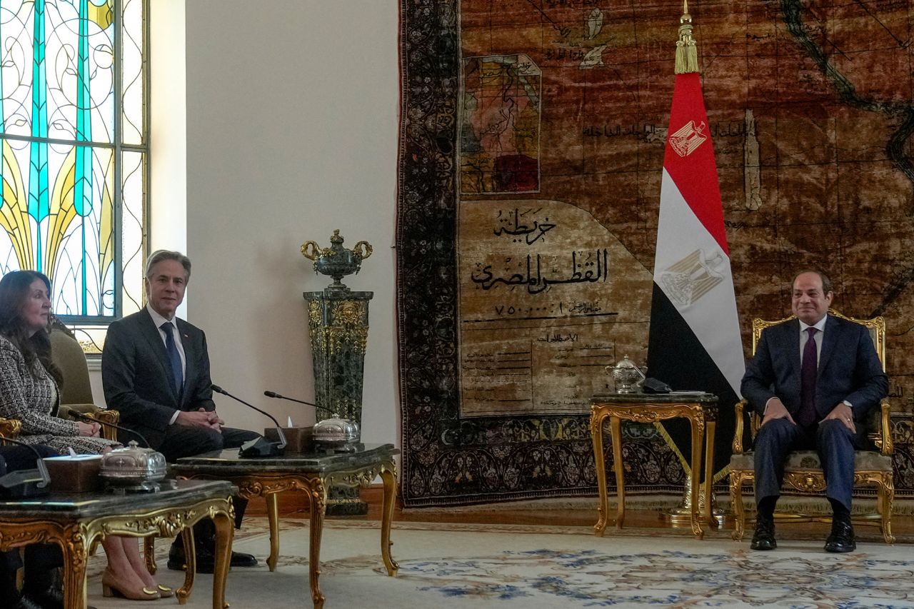 US Secretary of State Antony Blinken, second left, meets with Egyptian President Abdel Fattah Al-Sissi, right, at Al-Ittihadiya Palace in Cairo on February 6. 