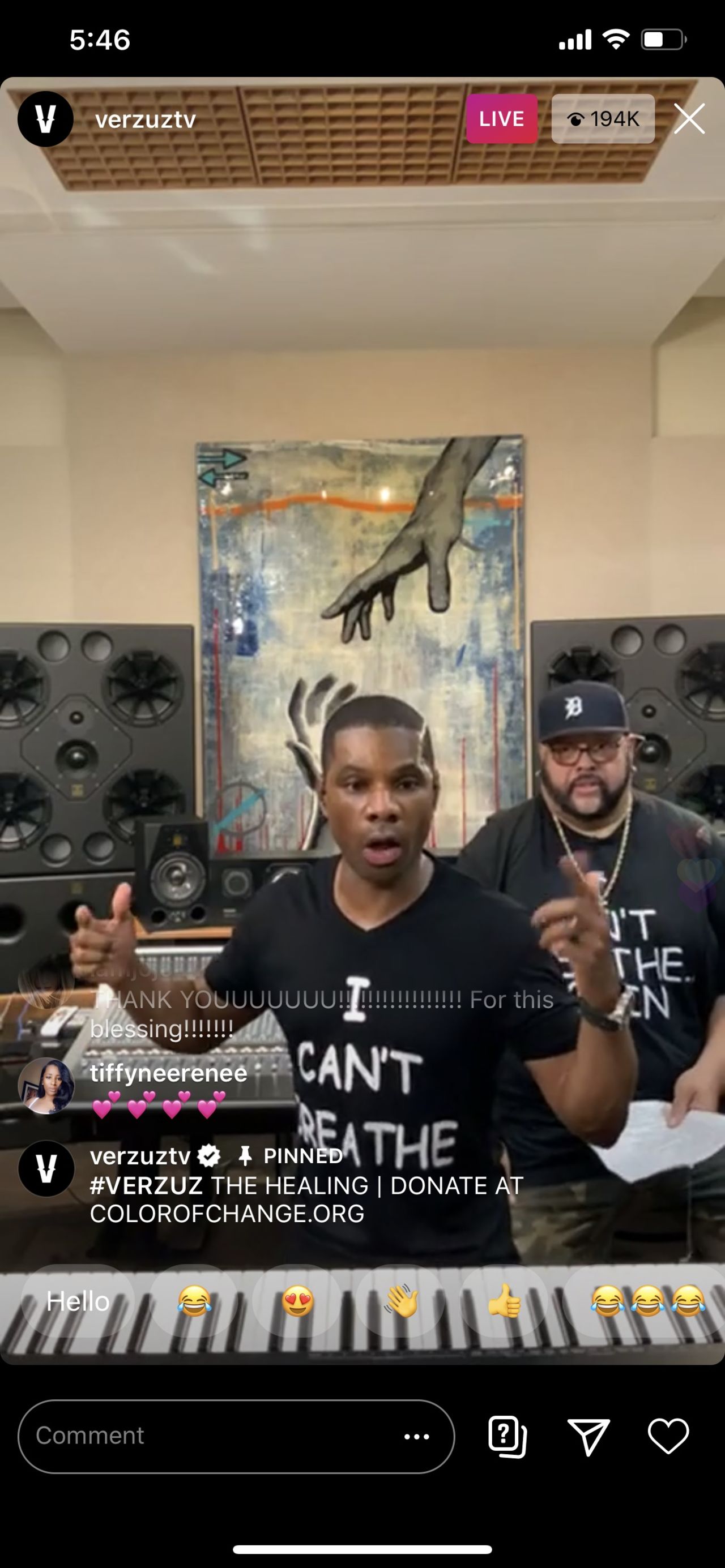 Gospel artists Kirk Franklin and Fred Hammond wear "I Can't Breathe Again" T-shirts during their Verzuz battle on Instagram Live on May 31, 2020.