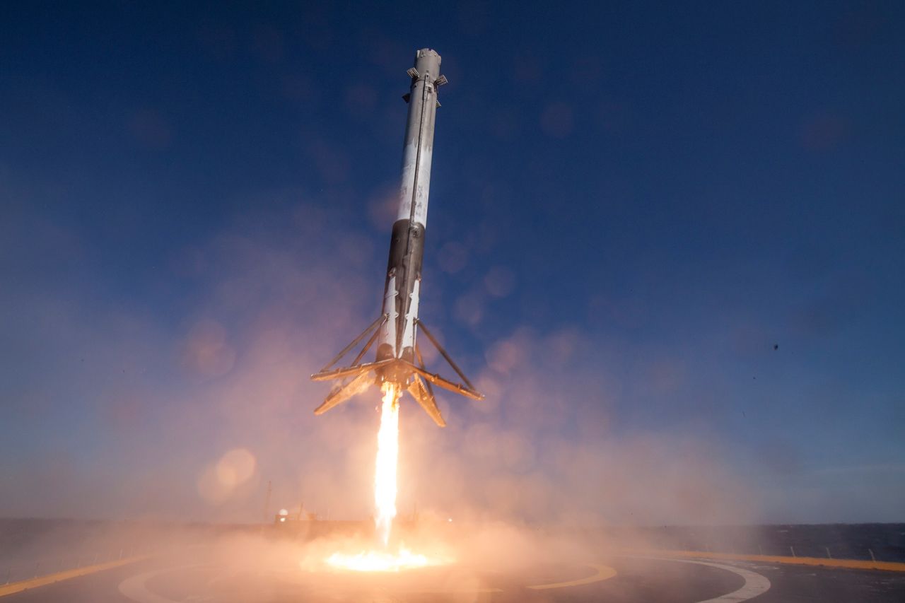 SpaceX's Falcon 9 rocket lands upright for the first time in the Atlantic Ocean on the "Of Course I Still Love You" droneship in April 2016.