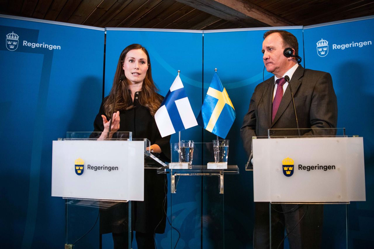 Swedish Prime minister Stefan Lofven, right, attends a press conference with Finnish Prime Minister Sanna Marin in Stockholm, Sweden, on Wednesday.