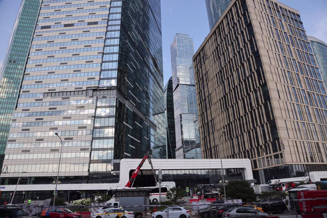 A view of damaged building in the Moscow International Business Center after a drone attack on August 1.