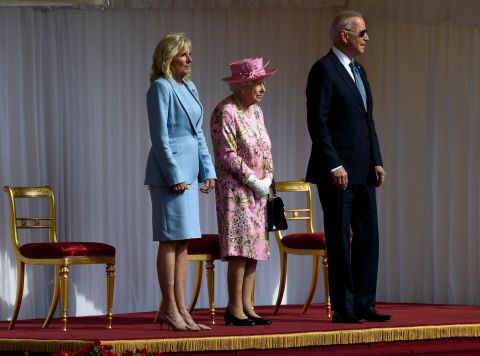 Queen Elizabeth II stands with US President Joe Biden and first lady Jill Biden at Windsor Castle in England on June 13.