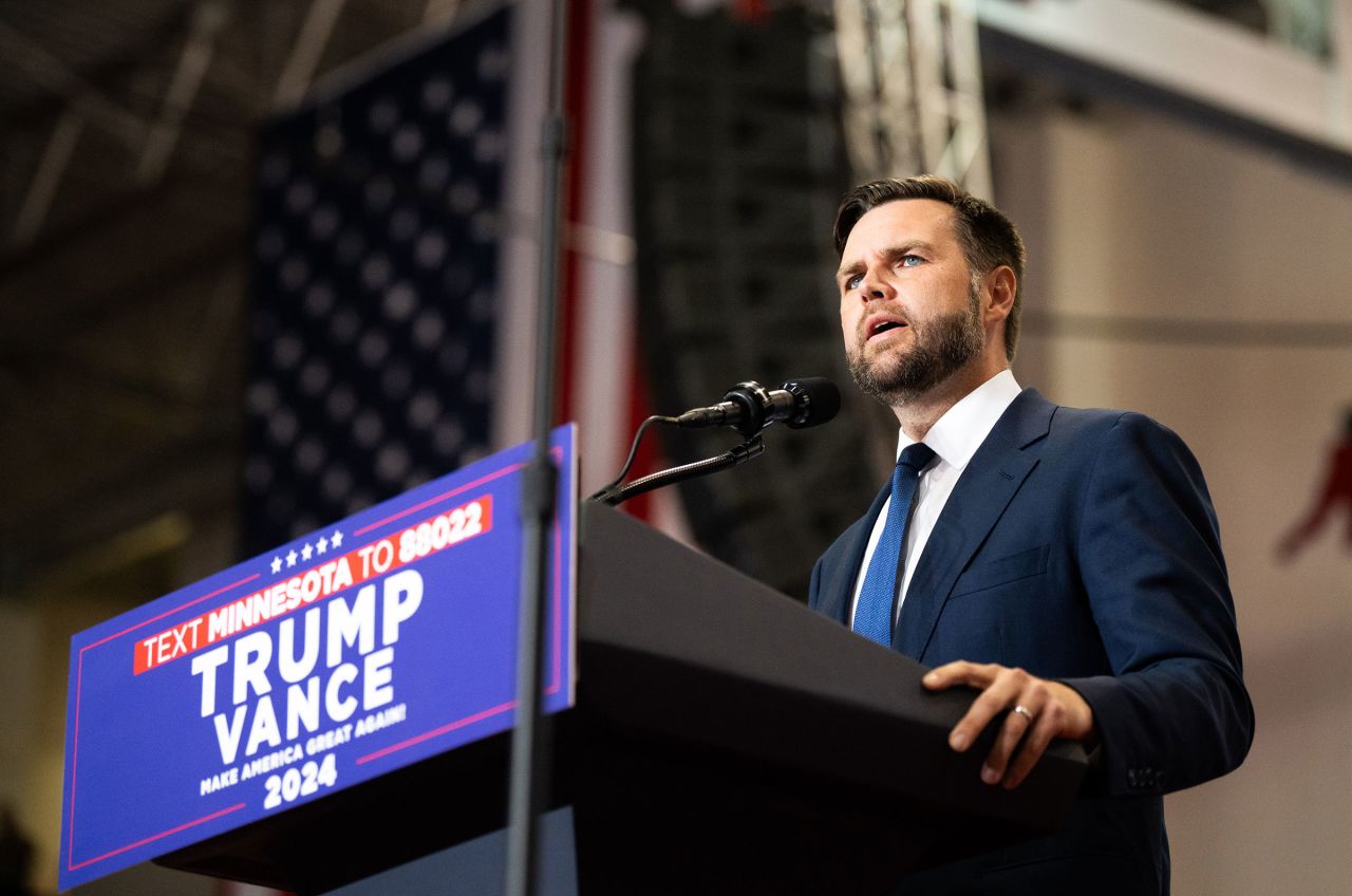 Sen. J.D. Vance speaks during a rally on July 27 in St. Cloud, Minnesota. 