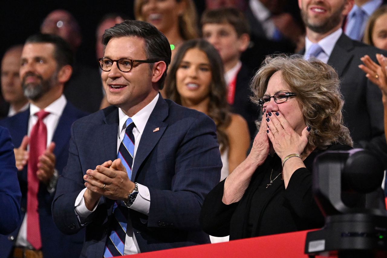 Beverly Vance, mother of Sen. J.D. Vance, reacts as her son speaks during the Republican National Convention in Milwaukee  on Wednesday, July 17. 