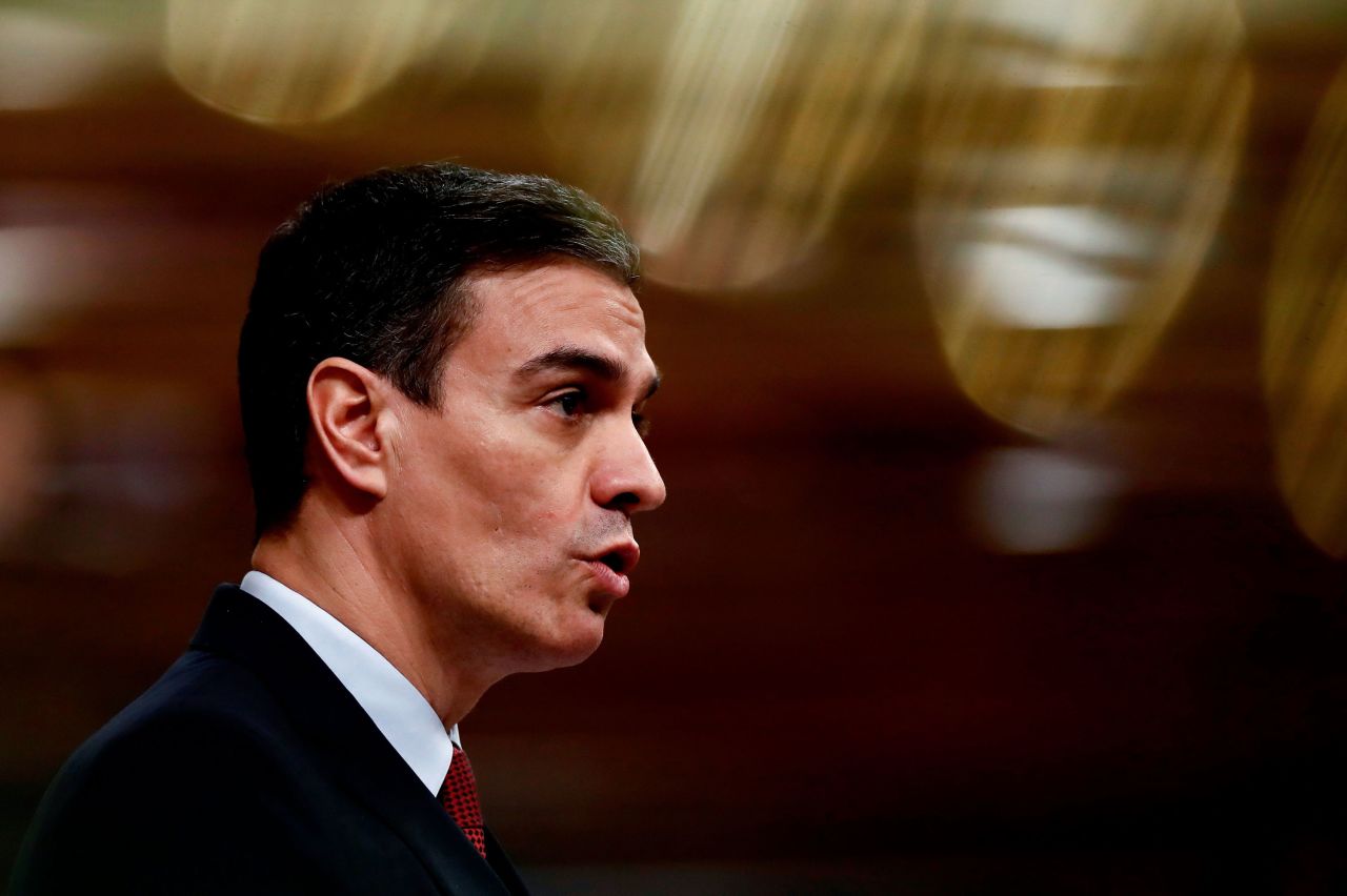 Spanish Prime Minister Pedro Sanchez?speaks on March 25.