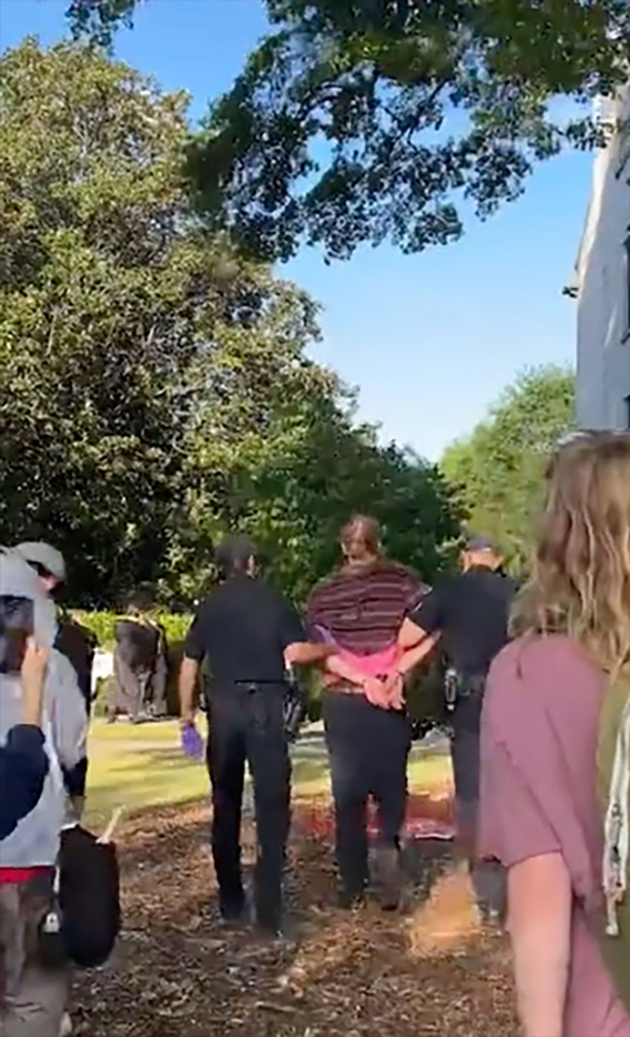 In this still from video, a protester is detained and led away during demonstrations at the University of Georgia in Athens, Georgia, on Monday, April 29.