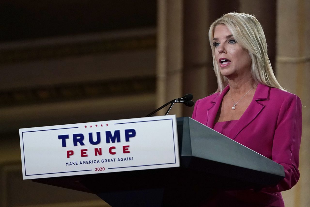 Former Florida Attorney General Pam Bondi speaks during the second day of the Republican National Convention from the Andrew W. Mellon Auditorium in Washington, Tuesday, August 25.