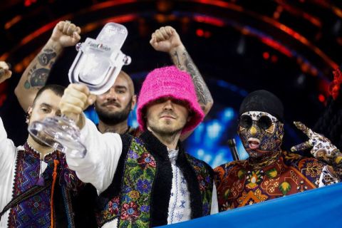 Kalush Orchestra from Ukraine poses after winning the 2022 Eurovision Song Contest in Turin, Italy, on May 15.