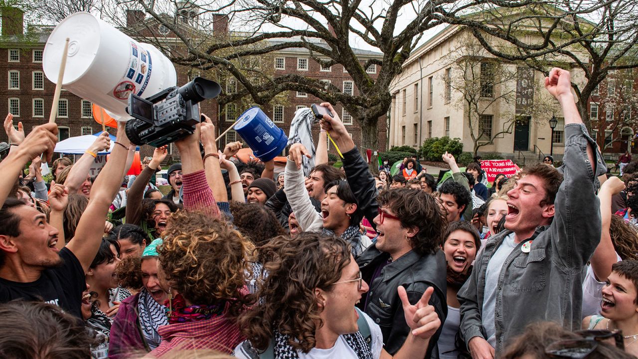 Protesters celebrate reaching a deal with the administration at Brown University in Providence, Rhode Island, on Tuesday.