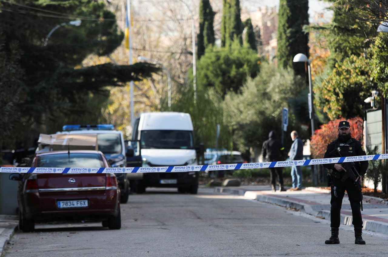 Police cordon off the perimeter outside the Ukrainian embassy in?Madrid?after a bloody package arrived at the embassy, in?Madrid, Spain, on December 2.