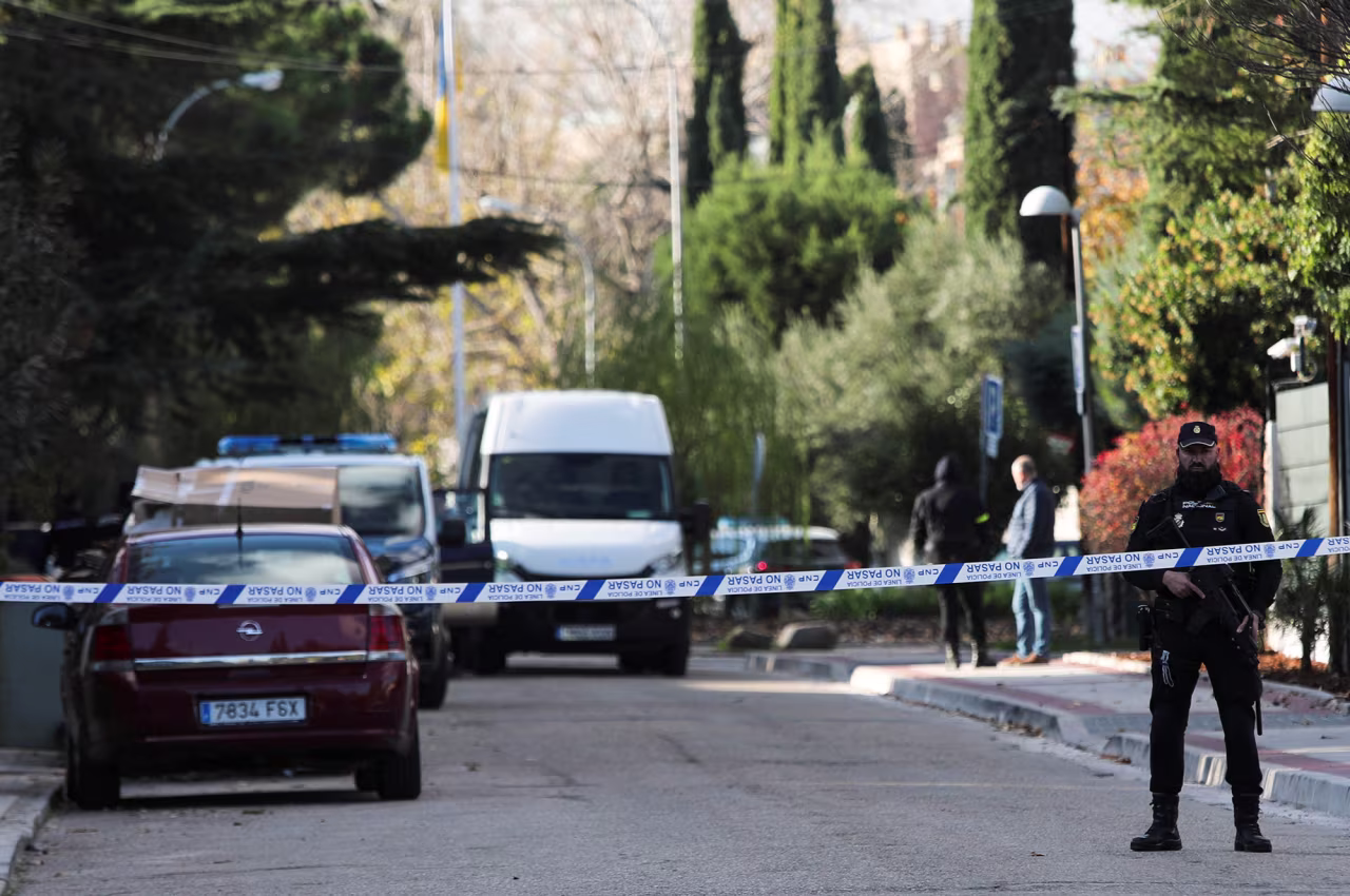 Police cordon off the perimeter outside the Ukrainian embassy in Madrid after a bloody package arrived at the embassy, in Madrid, Spain, on December 2.