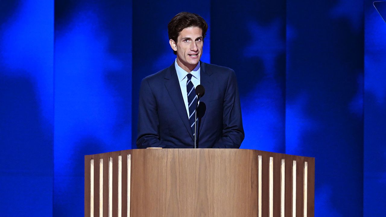 Jack Schlossberg, grandson of former President John F. Kennedy, speaks at the 2024 Democratic National Convention in Chicago on August 20.?