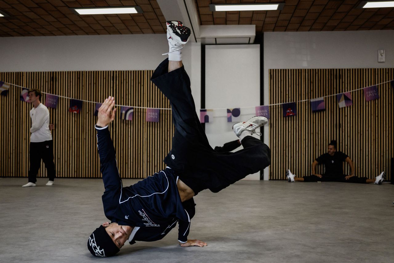 Canada's Philip Kim, known as b-boy Phil Wizard, practices during a breaking training session for the Paris 2024 Olympic Games in Saint-Ouen, France, on August 6. 