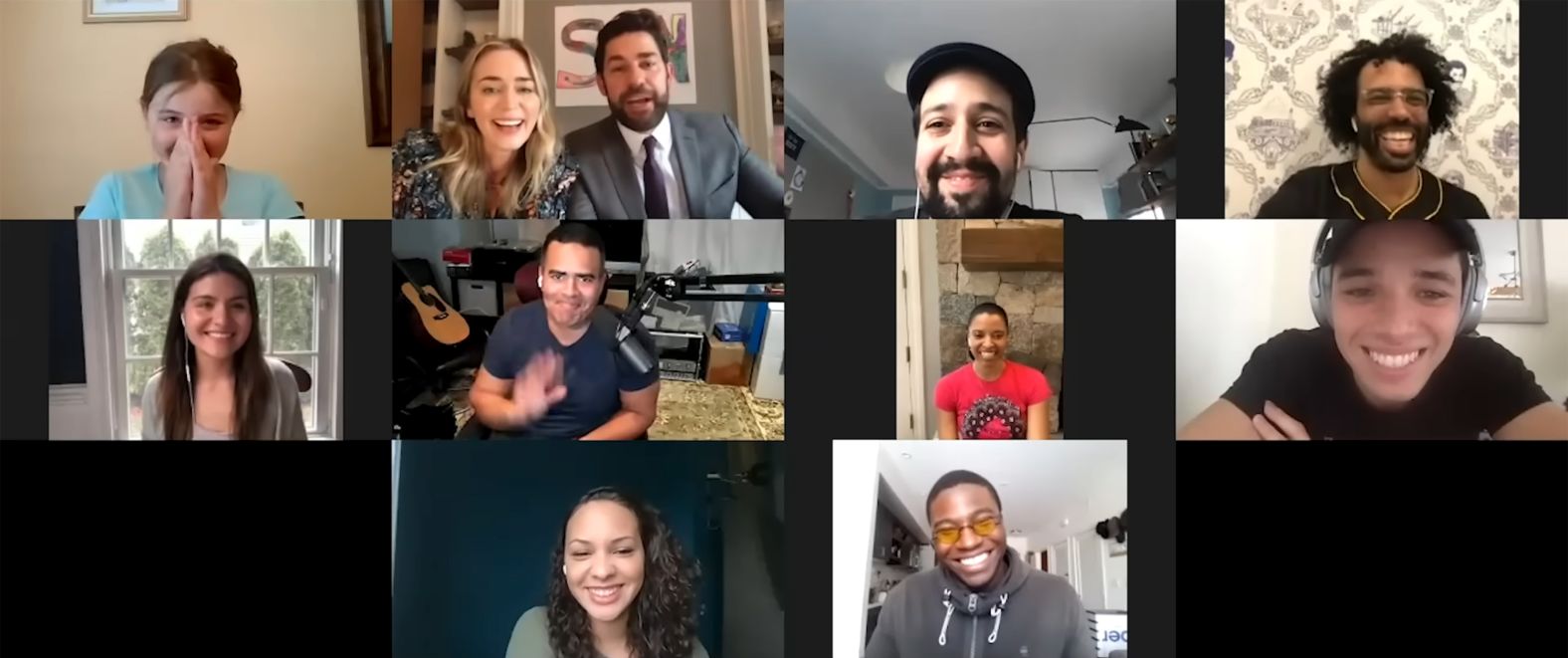 The cast members surprise "Hamilton" fan Aubrey, top left, with a performance on “Some Good News,” in April 2020. The show she was going to attend had been canceled because of Covid-19.