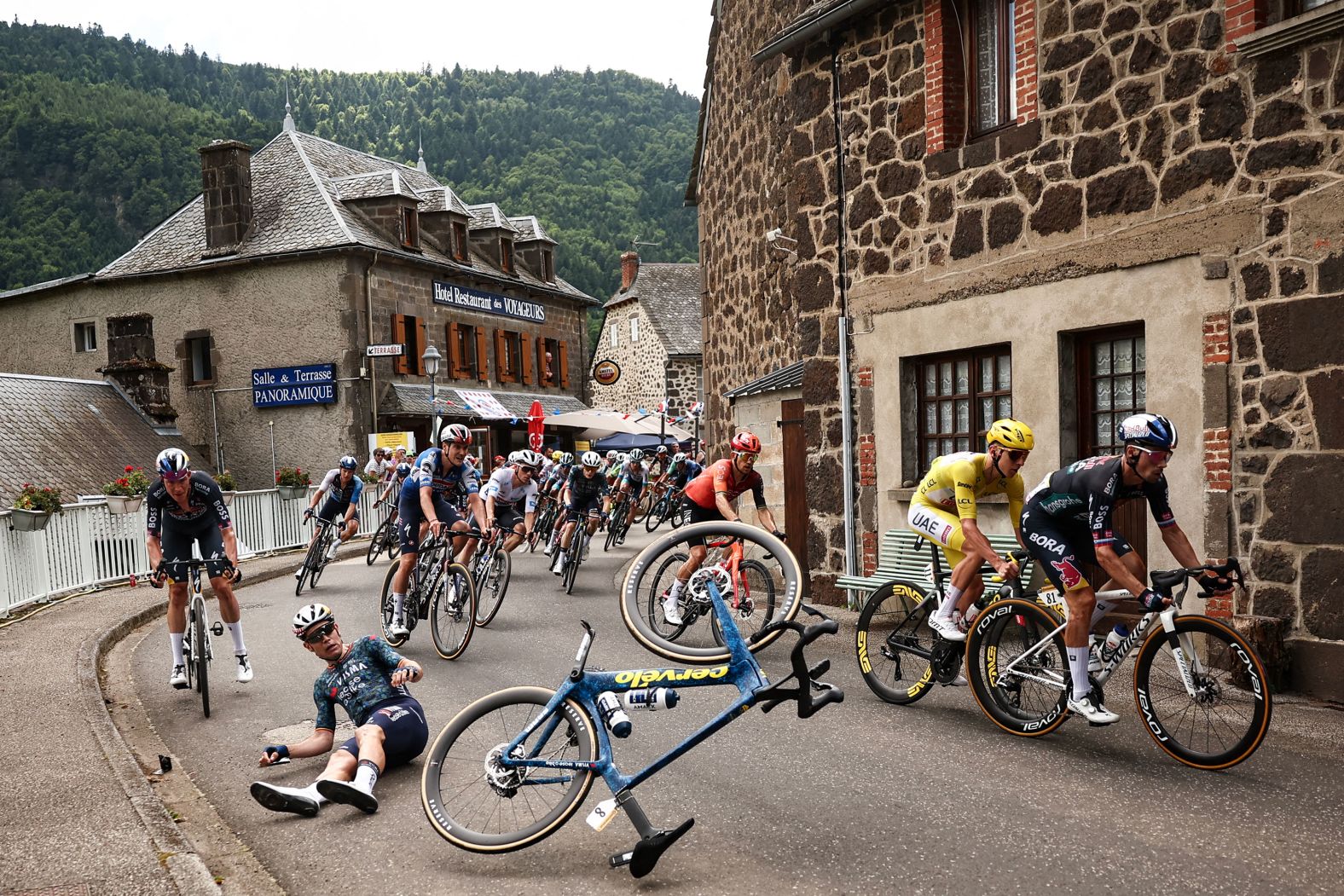Belgian cyclist Wout van Aert crashes during the 11th stage of the Tour de France on Wednesday, July 10. He was able to continue.