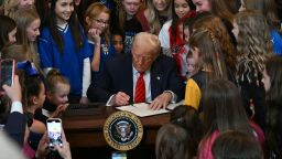 President Donald Trump signs the No Men in Women's Sports Executive Order into law in the East Room of the White House in Washington, DC, on February 5.