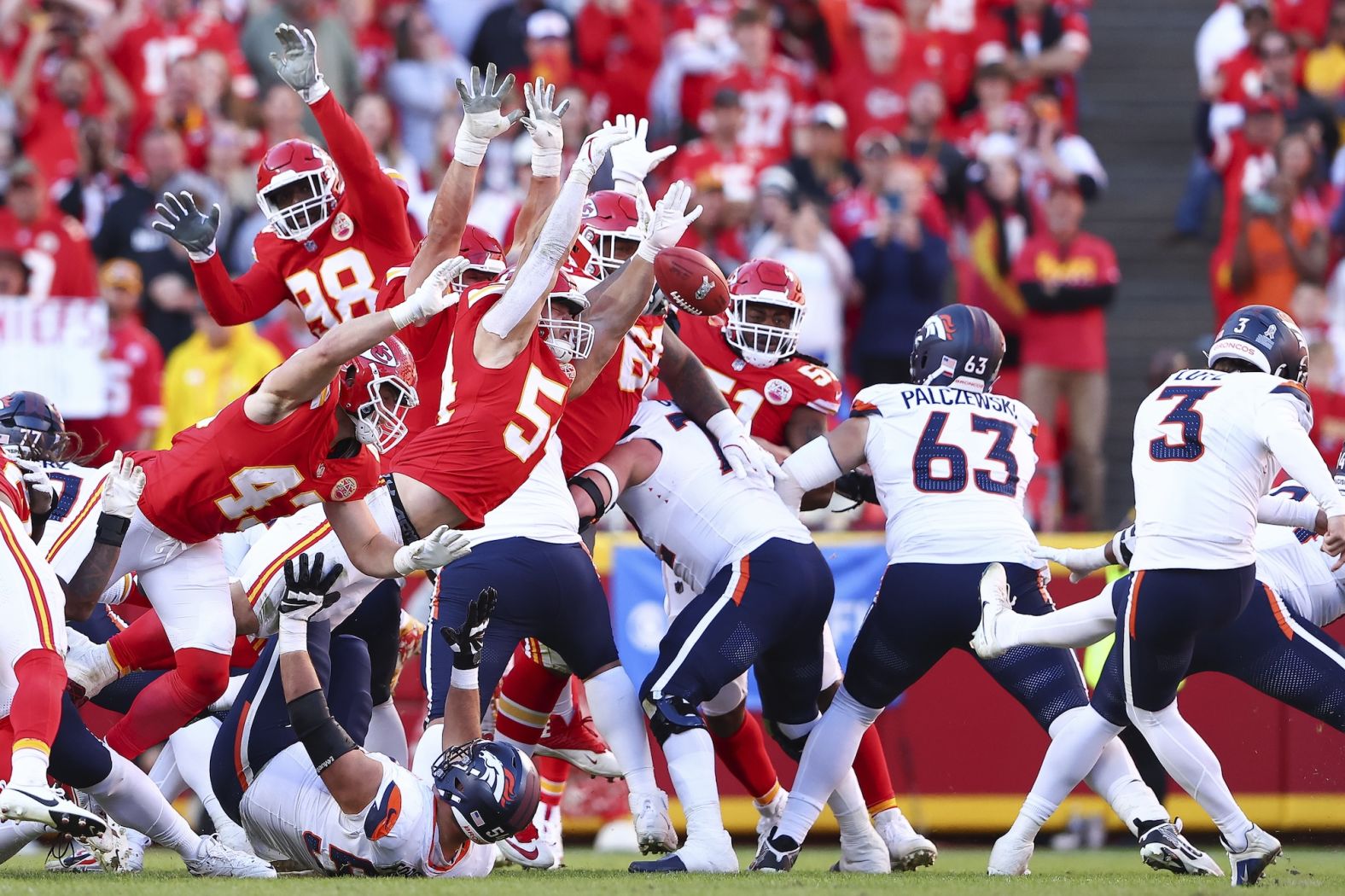 Kansas City Chiefs linebacker Leo Chenal blocks a last-second field-goal attempt by Denver’s Wil Lutz, saving the game for the Chiefs on Sunday, November 10. The Chiefs won 16-14 to remain the NFL’s only undefeated team this season.