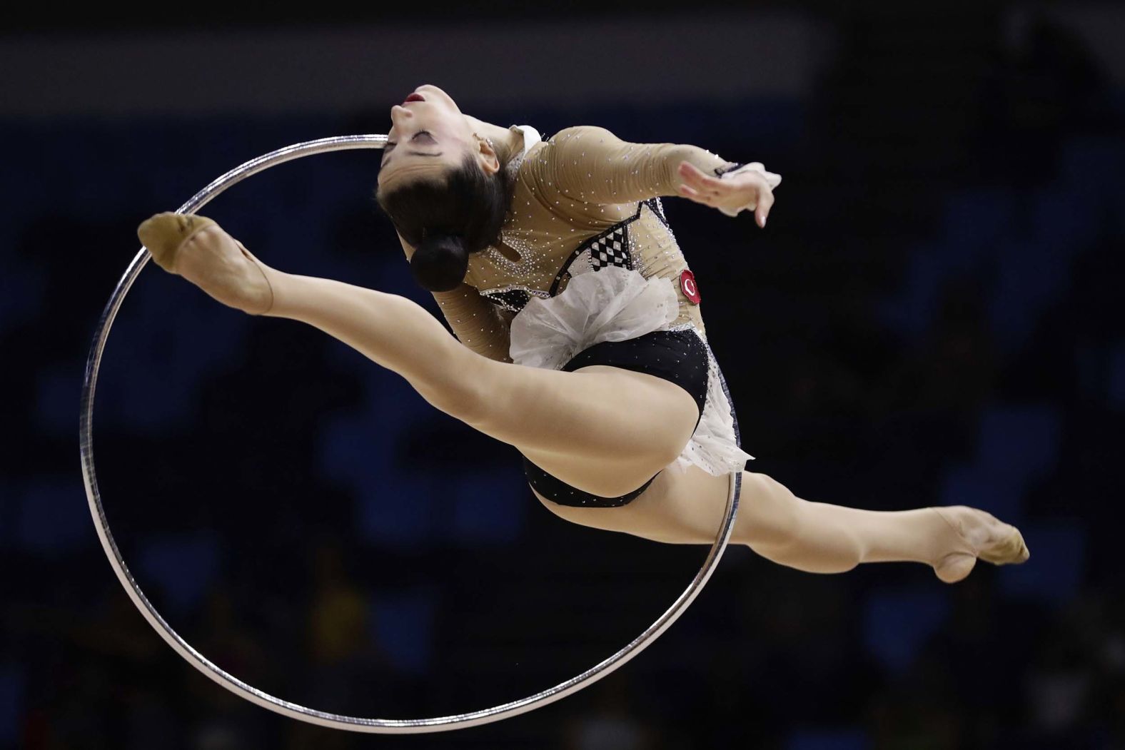 Hatice Gökçe Emir, a rhythmic gymnast from Turkey, performs with the hoop during the individual all-around final at the World Championships in Rio de Janeiro on Friday, August 22.