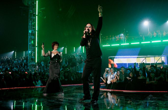 Osbourne and his wife, Sharon, appear on stage at the MTV Europe Music Awards in 2004.