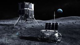 rendering of the ispace Resilience lunar lander and rover on the moon