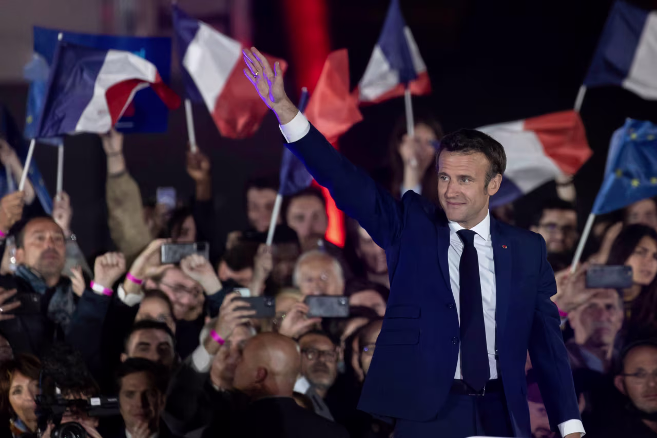 French President Emmanuel Macron delivers a speech after his victory, in Paris, on Sunday.