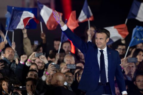 French President Emmanuel Macron delivers a speech after his victory, in Paris, on Sunday.