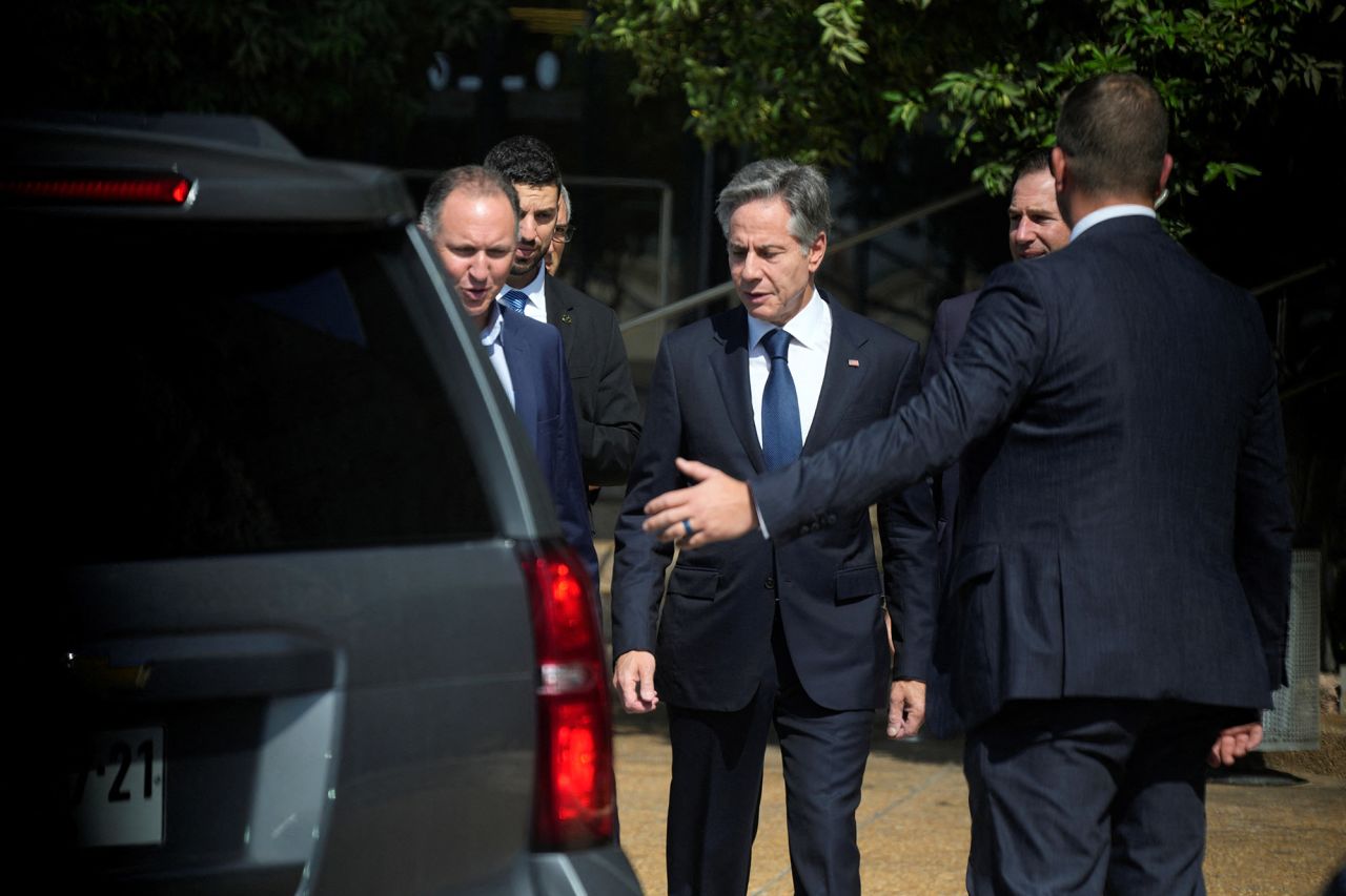 Secretary of State Antony Blinken leaves from Ben Gurion Airport in Tel Aviv, Israel, on October 12.