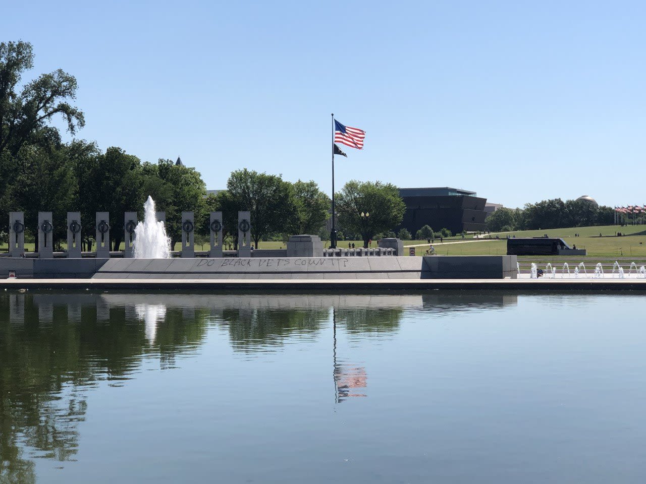 Graffiti on the World War II Memorial in Washington on May 31.