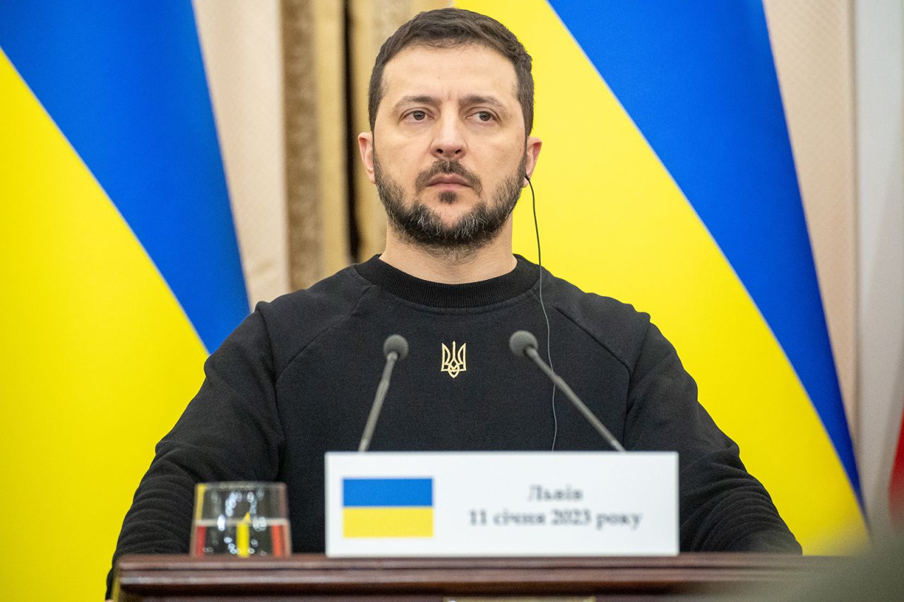 Volodymyr Zelensky at a news conference in Lviv, on January 11.