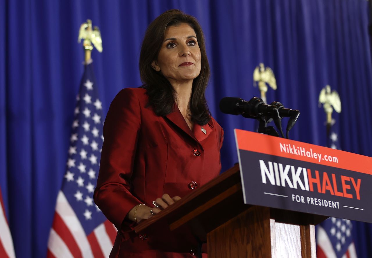 Republican presidential candidate Nikki Haley speaks during her primary election night gathering in Charleston, South Carolina, on February 24.