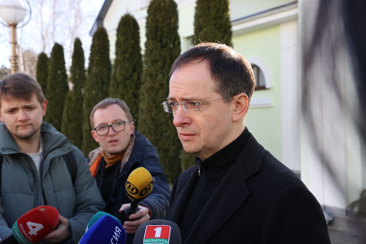 Russian presidential advisor Vladimir Medinsky speaks to the media during a visit to Belarus on February 28.