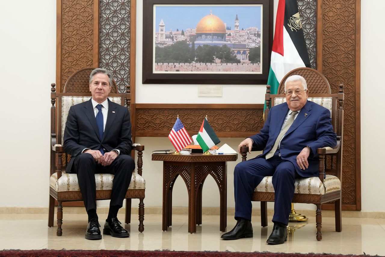 U.S. Secretary of State Antony Blinken, left, and Palestinian President Mahmoud Abbas meet in the West Bank town of Ramallah, on February 7.