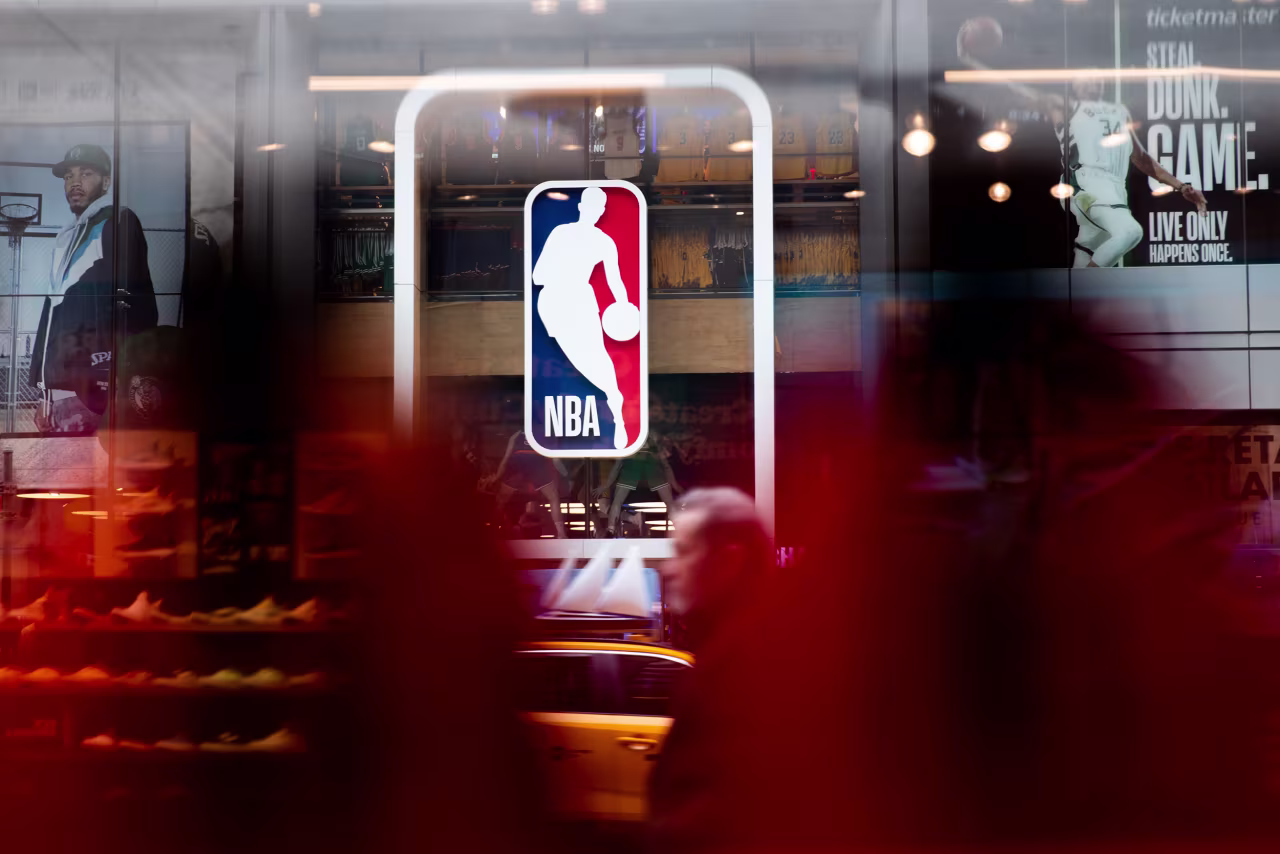 An NBA logo is shown at the 5th Avenue NBA store on March 12 in New York City.