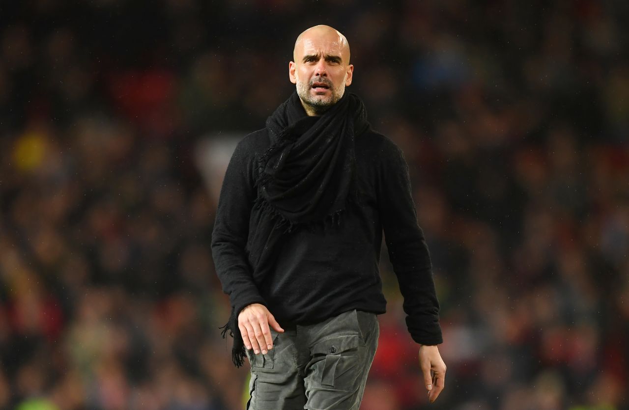 Manchester City manager Pep Guardiola during the Premier League match between Manchester United and Manchester City at Old Trafford on March 8.