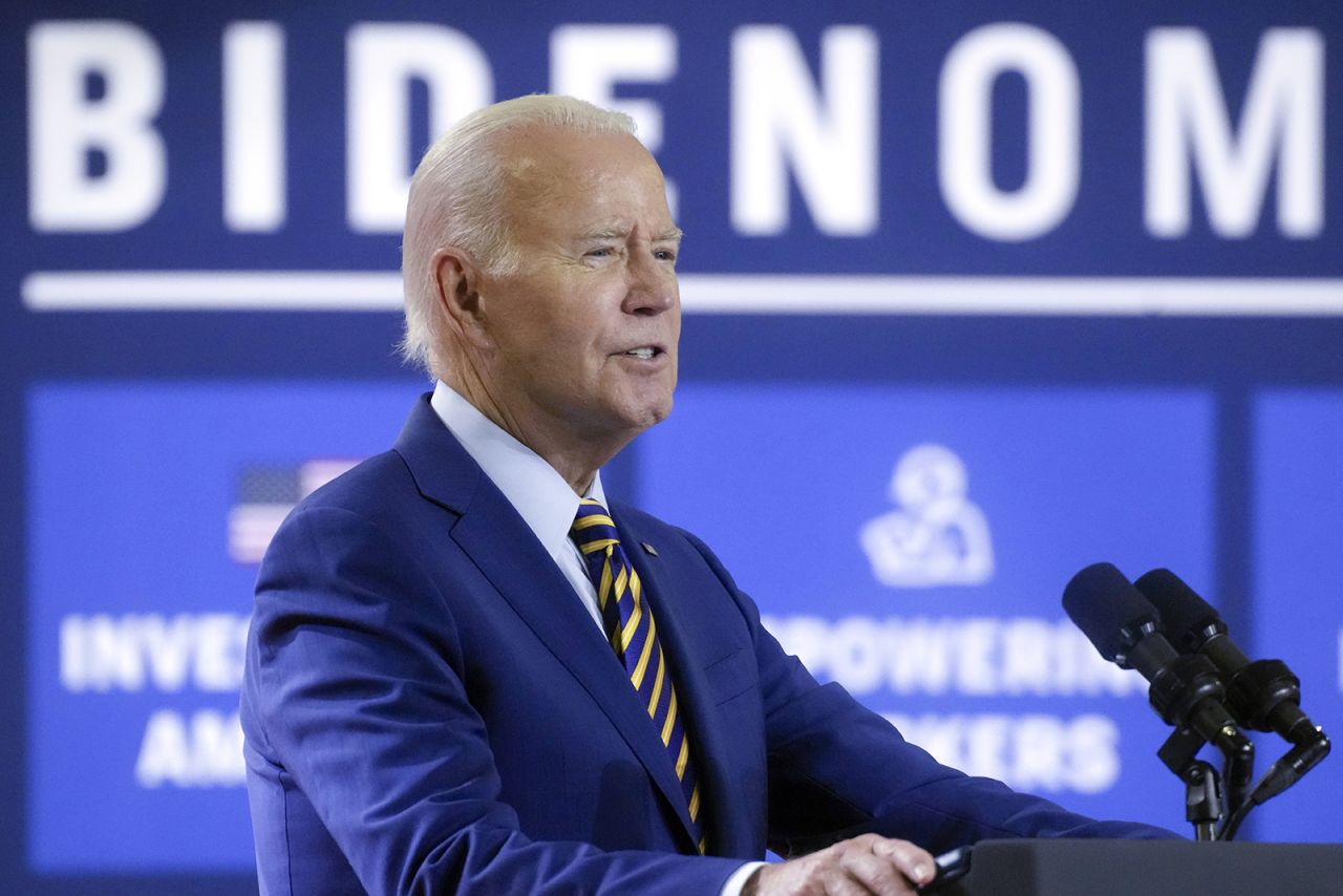 President Joe Biden on July 6 during a stop at a solar manufacturing company that's part of his "Bidenomics" rollout in West Columbia, S.C.