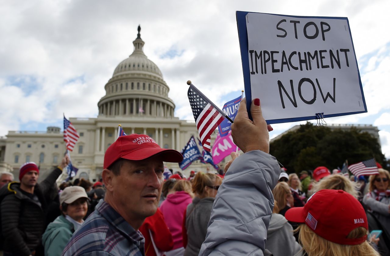 Supporters of President Trump hold a "Stop Impeachment" rally in front of the US Capitol on Oct. 17, 2019 in Washington, DC. 