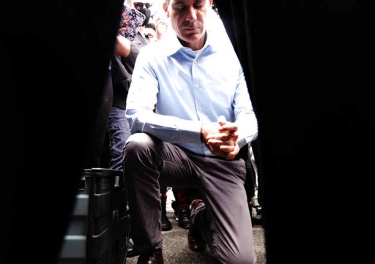 Joined by community faith leaders, Los Angeles Mayor Eric Garcetti takes a knee in prayer during a Black Lives Matter protest in downtown Los Angeles on June 2.