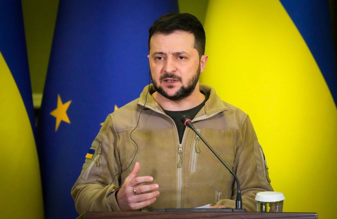 Ukrainian President Volodymyr Zelensky speaks at a news conference with European Council President Charles Michel in Kyiv, Ukraine, on Wednesday.
