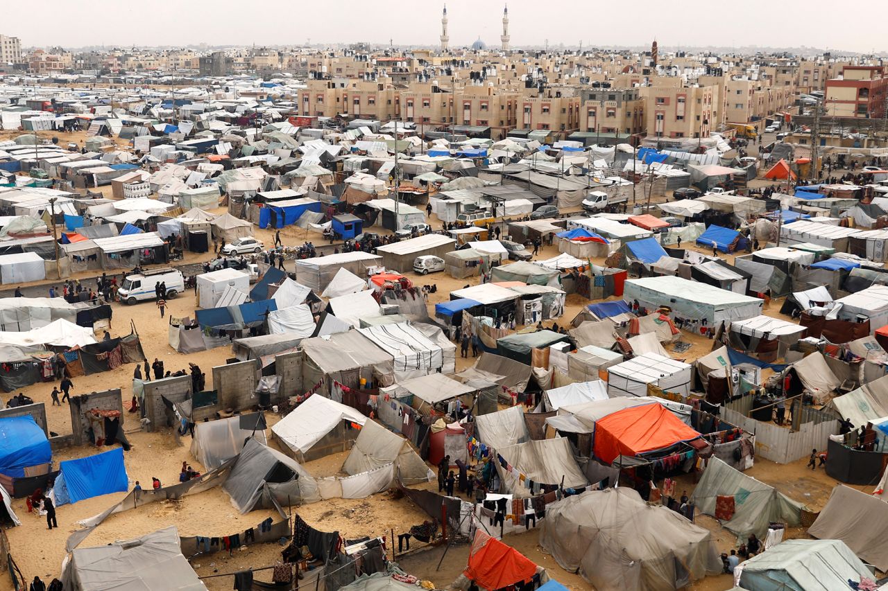 Displaced Palestinians shelter at a tent camp in Rafah, Gaza, on February 27.